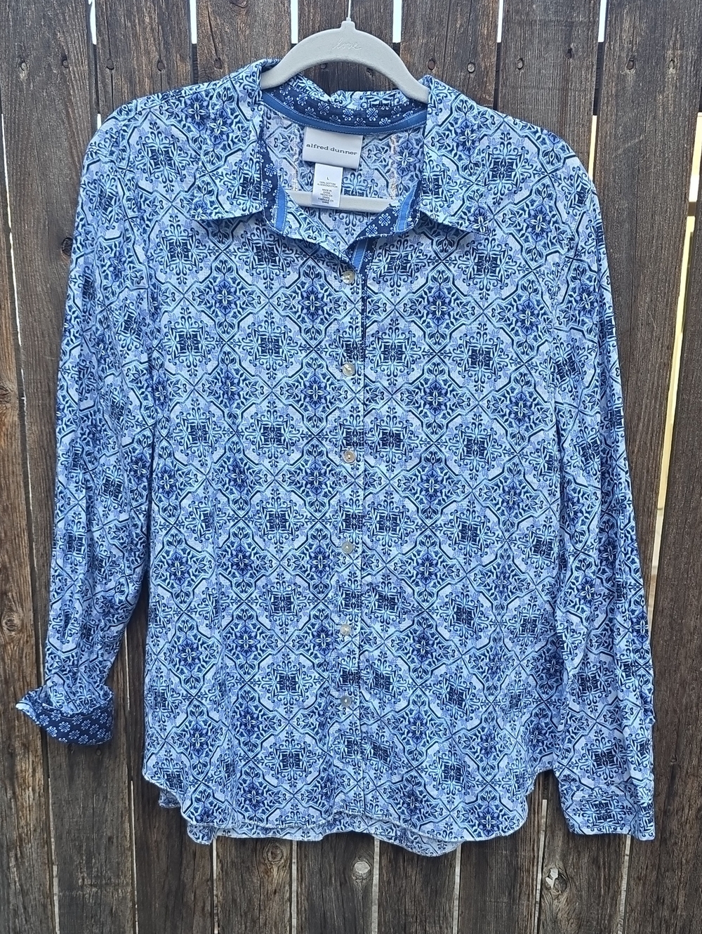 Alfred Dunner Blue Geometric Print Button-Down Shirt 100% Cotton